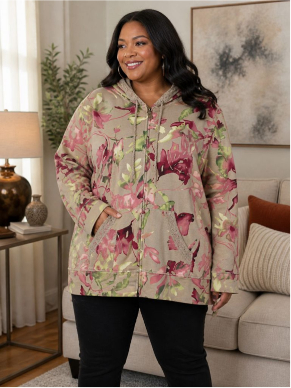Caribbean Joe Floral Full-Zip Hoodie Beige Pink Women’s Plus Size 2X